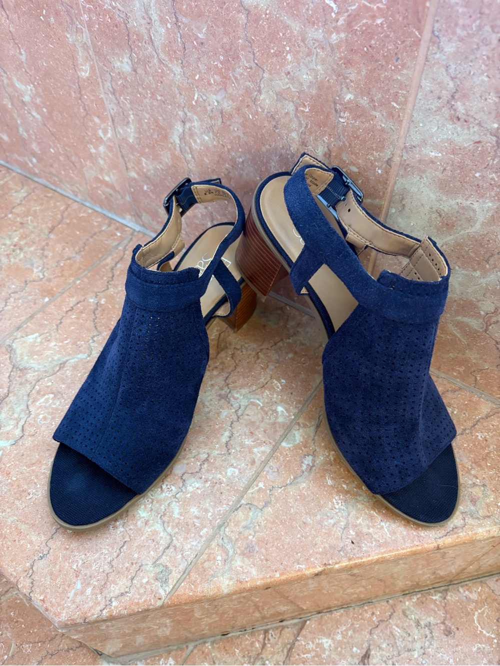 Franco Sarto Navy Suede Peep-Toe Block Heel Sandals